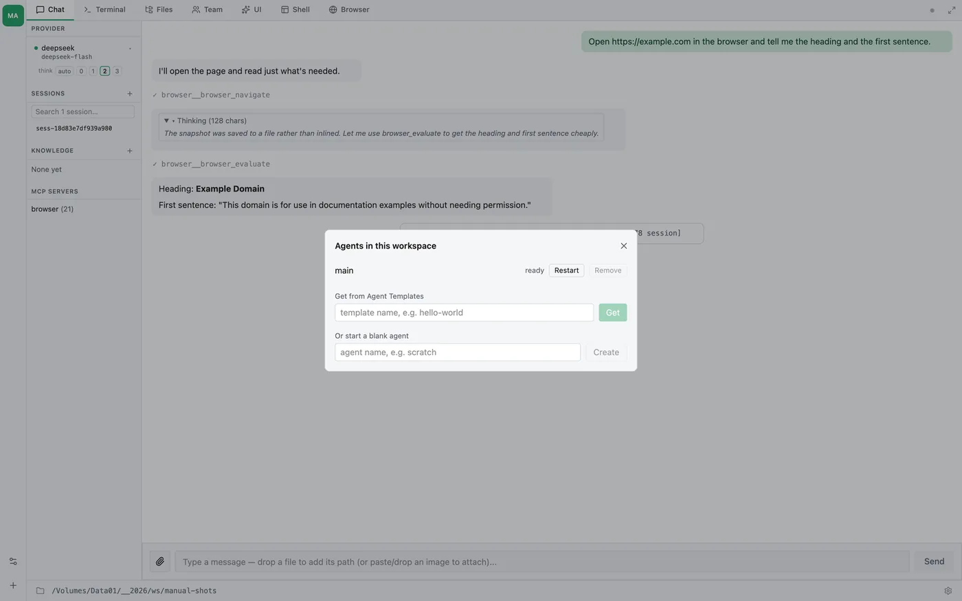 The workspace panel, opened from the agent rail — every agent in this workspace, with add / remove / restart
