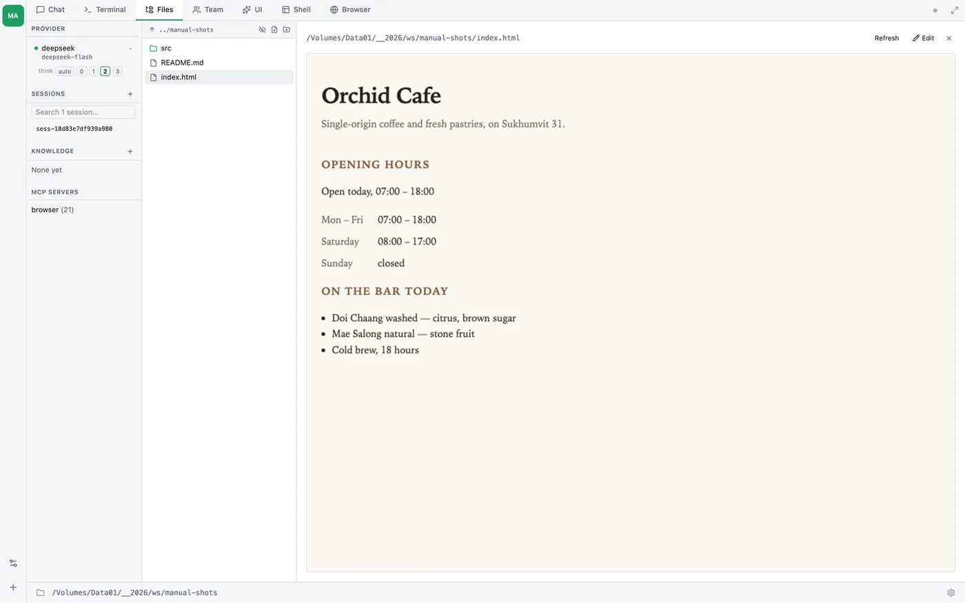 Files-tab HTML preview — index.html rendered inside the sandboxed iframe, stylesheet and scripts intact, so the page looks exactly as a browser shows it